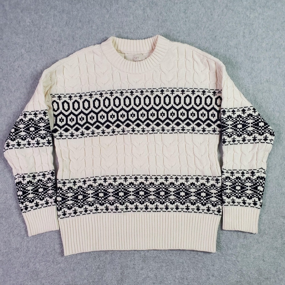 LOFT Sweater Womens XS White Black Fair Isle Cable Knit Crewneck Pullover